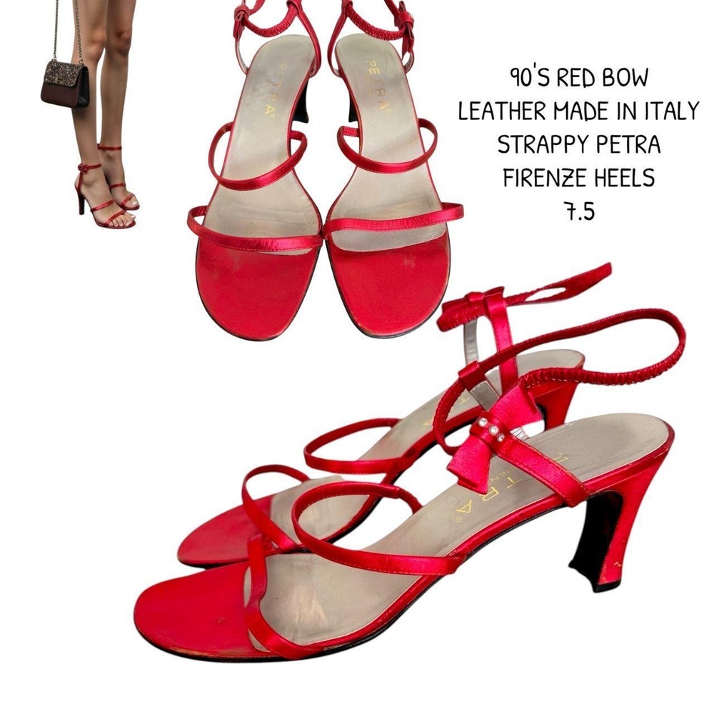 90'S Vintage Petra Firenze Red Strappy Bow Sandals 7.5 - Picture 1 of 5